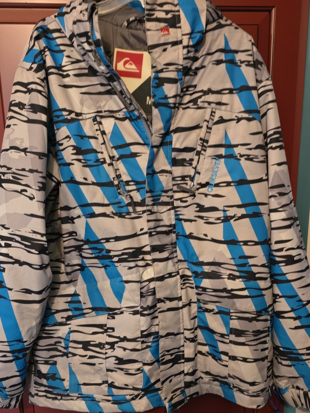Quiksilver Uni Or Mens Blue, Gray & Black Patterned Puffer Jacket